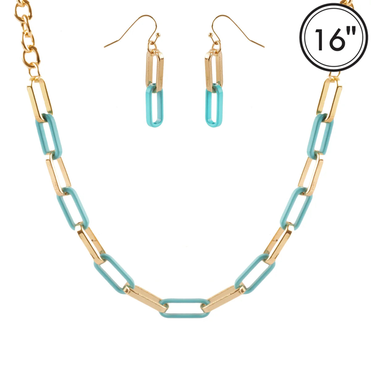 Gold and turquoise chain necklace with matching earrings on a white background