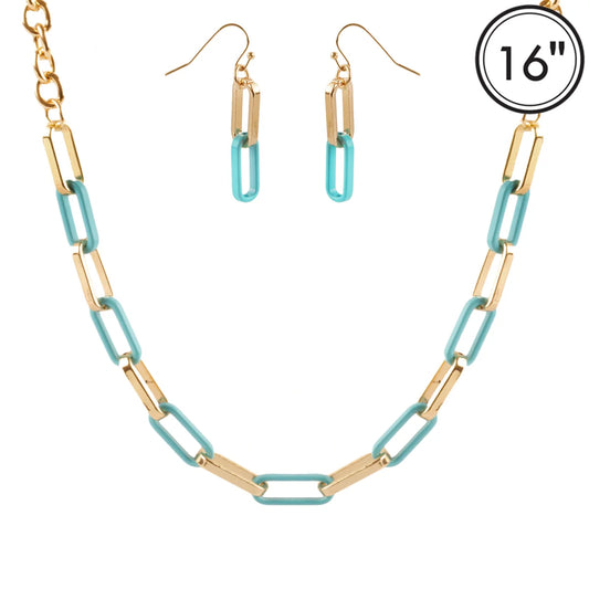 Gold and turquoise chain necklace with matching earrings on a white background