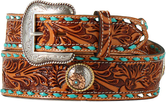 Brown tooled leather belt with turquoise accents and ornate silver buckle