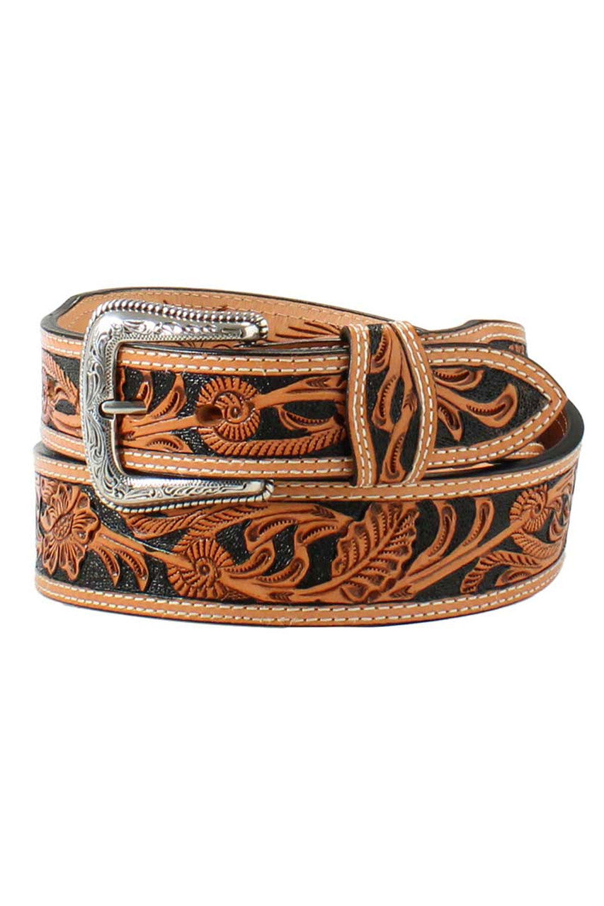 Nocona Belts Men's Hand Tooled Floral Antique Silver Leather - N24973103