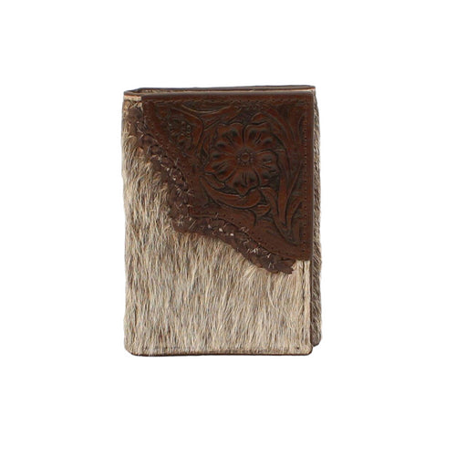 Nocona Men's Trifold Wallet Calf Hair Tooled Edge Brown