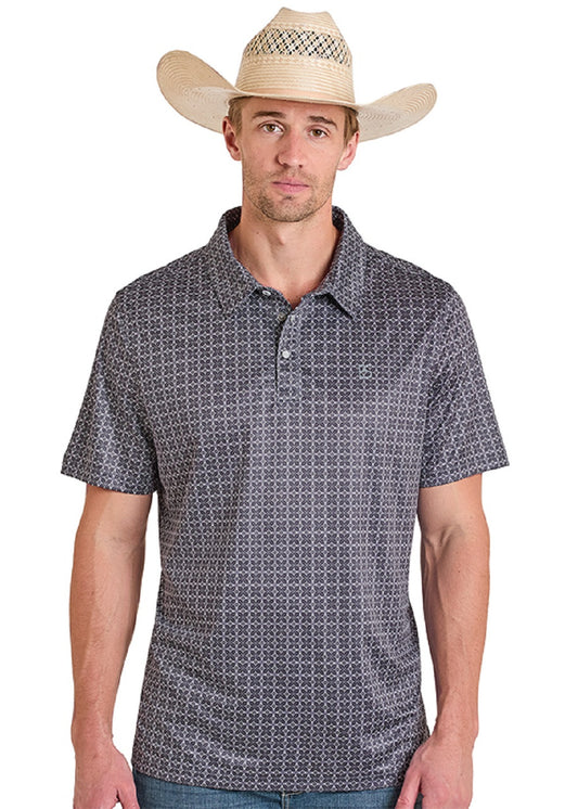 Man wearing a patterned polo shirt and cowboy hat on a white background