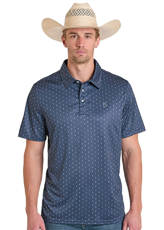 Man wearing a blue patterned polo shirt and straw hat on a white background