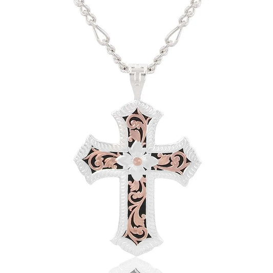 Antiqued Rose Gold Scalloped Cross Necklace