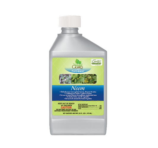 Neem oil insecticide in a plastic bottle with green and blue label, 16 fl oz size, for garden pest control.