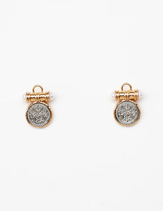 Silver .5" Coin with Gold Accents Stud Earring