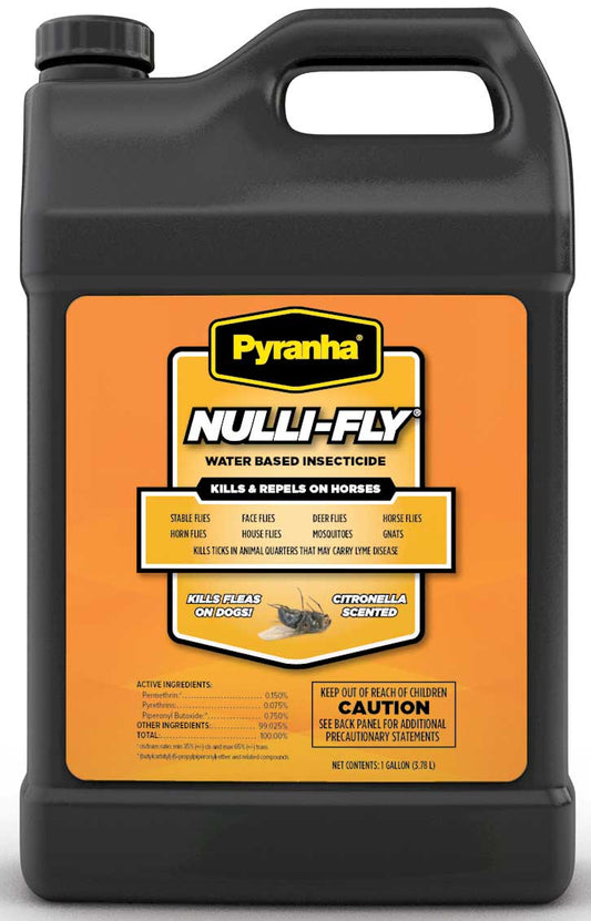 Gallon jug of Pyranha Nulli-Fly water-based insecticide, kills and repels horse flies, citronella scented.