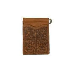 Nocona Mens Bifold Money Clip Style Wallet Cross Scrolls Embossed Medium Brown