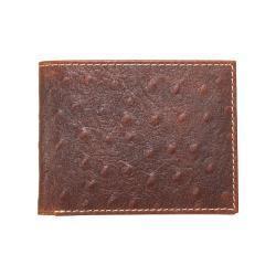 A brown bi-fold wallet with an embossed ostrich leather texture and contrast stitching, shown against a plain white background.