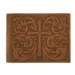 This Nocona large bifold wallet by M&F Western Products is genuine leather. The front has an embossed Cross in the center, surrounded by embossed scrolling. Cash and card slots on the inside.


