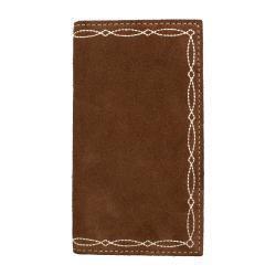 Brown leather wallet with decorative stitching on a white background
