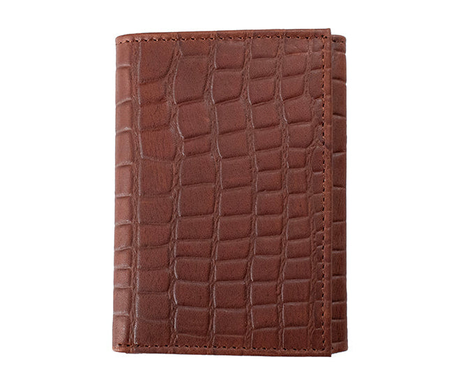 A brown leather bifold wallet with a crocodile-embossed texture, shown closed on a solid white background.
