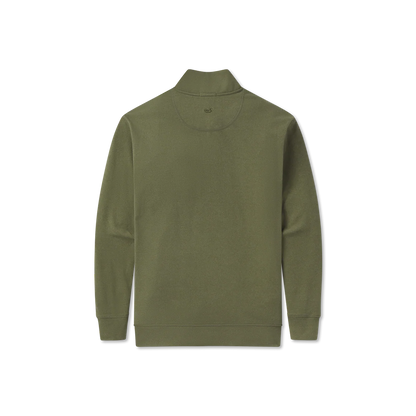 Back view of olive green long sleeve pullover jacket with mock neck