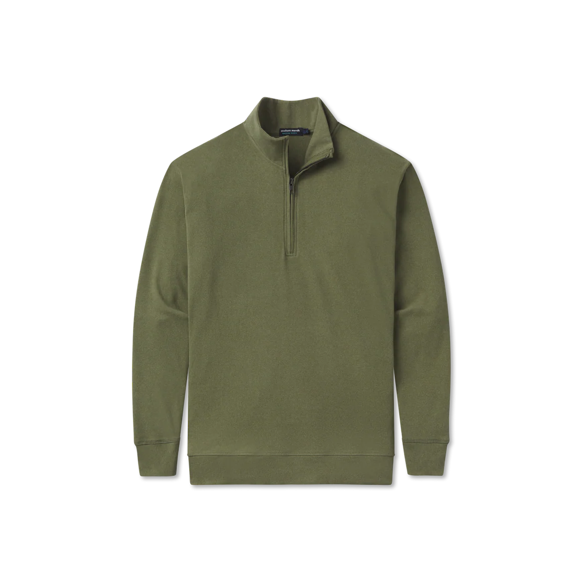 Olive green quarter-zip pullover fleece with long sleeves on plain background