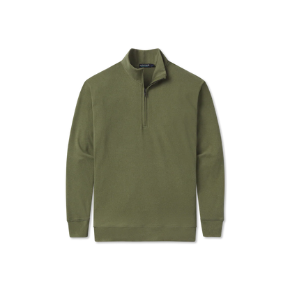 Olive green quarter-zip pullover fleece with long sleeves on plain background