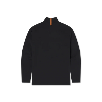 Black long sleeve pullover with high collar, featuring a tan accent on the back neck.