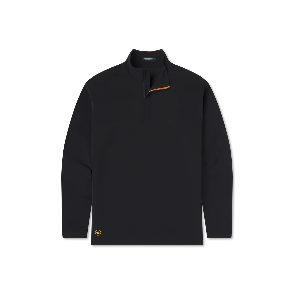 Black quarter zip pullover with long sleeves and orange accent on collar, laid flat