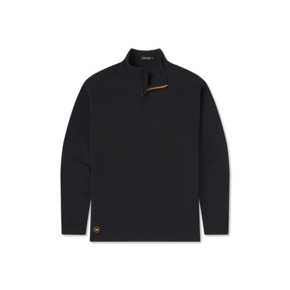 Black quarter zip pullover with long sleeves and orange accent on collar, laid flat