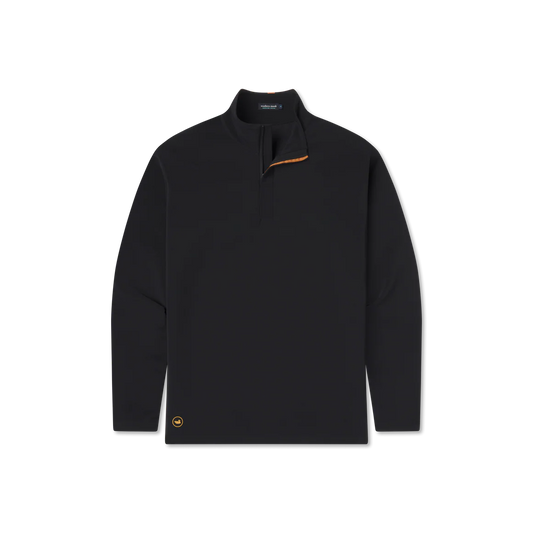 Black quarter zip pullover with long sleeves and orange accent on collar, laid flat