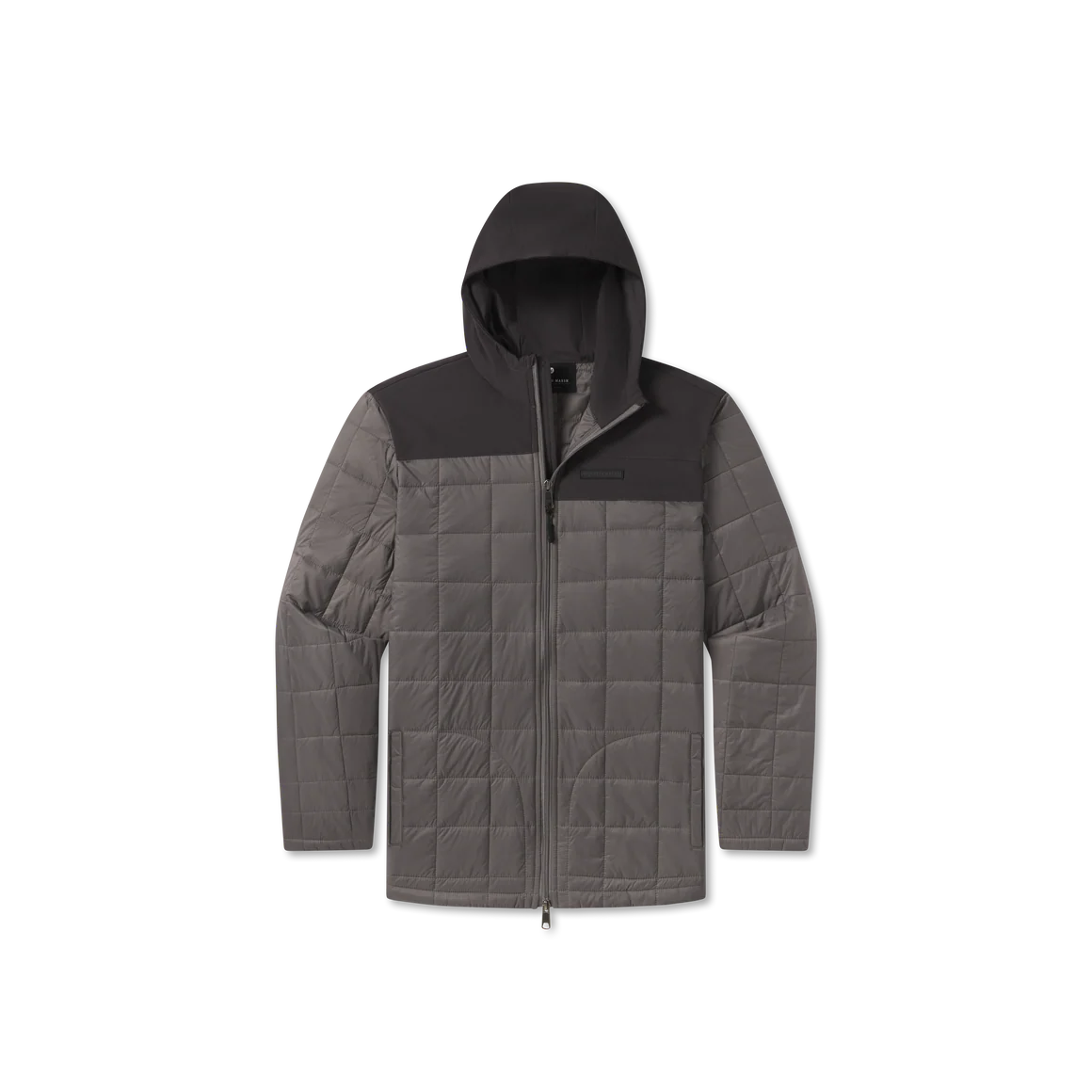 Men's dark gray hooded quilted jacket with front zipper and chest panel
