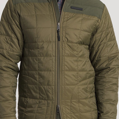 Olive green quilted jacket with zipper front and shoulder panel detail