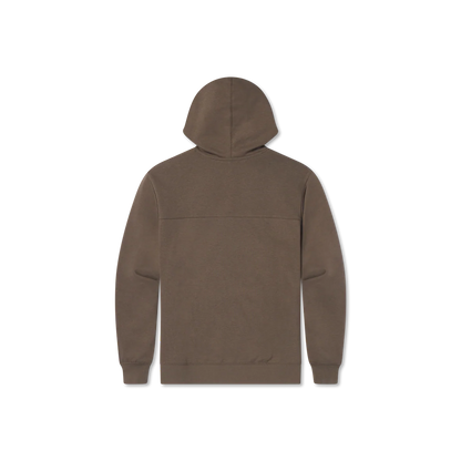 Back view of brown hooded sweatshirt, plain design, long sleeves, casual outerwear
