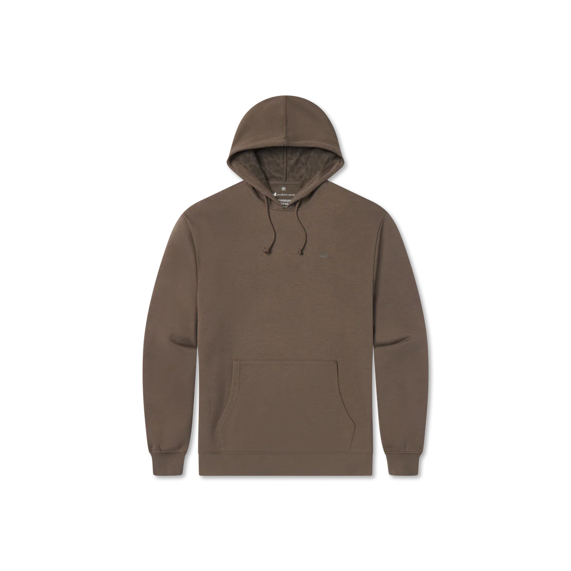 Brown pullover hoodie with kangaroo pocket and drawstring hood on white background