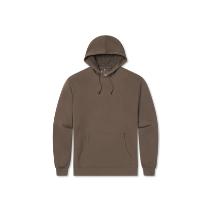 Brown pullover hoodie with kangaroo pocket and drawstring hood on white background