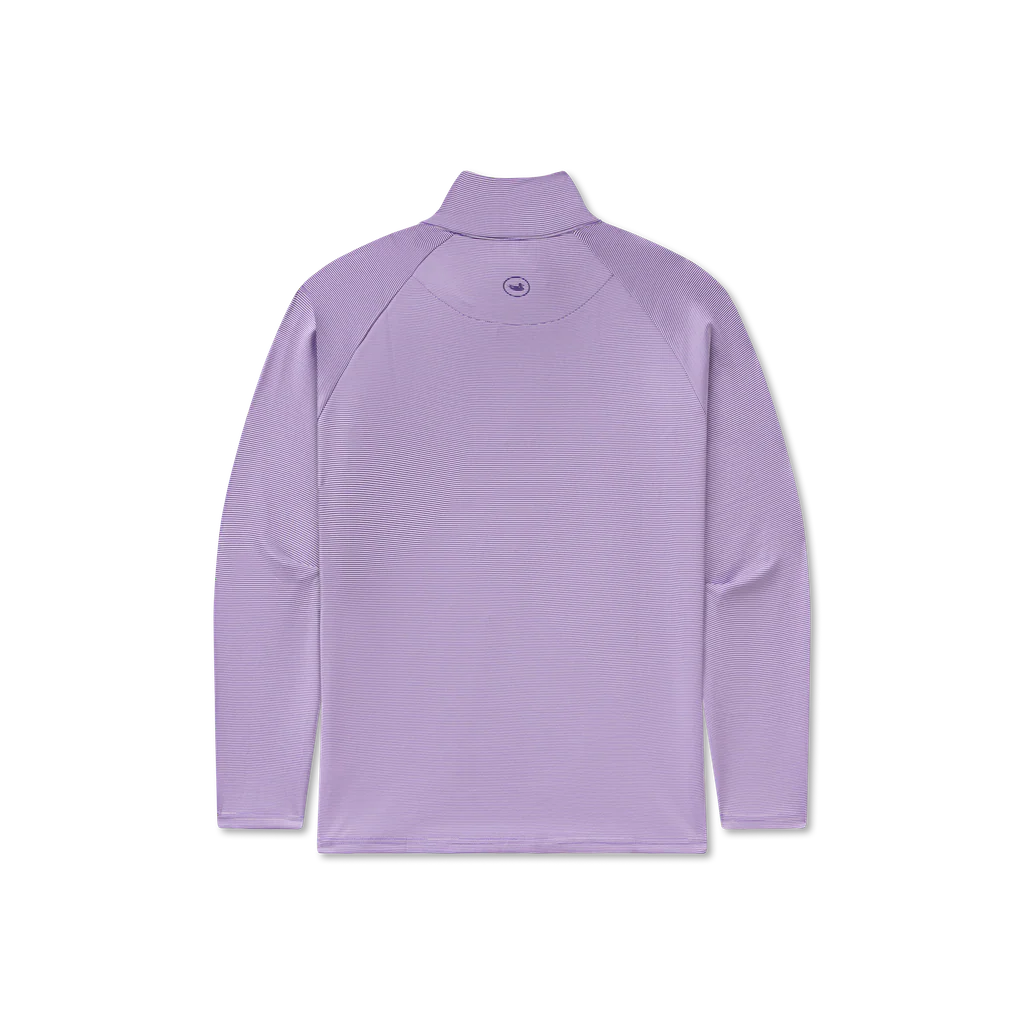 Light purple long sleeve pullover with high collar, shown from the back