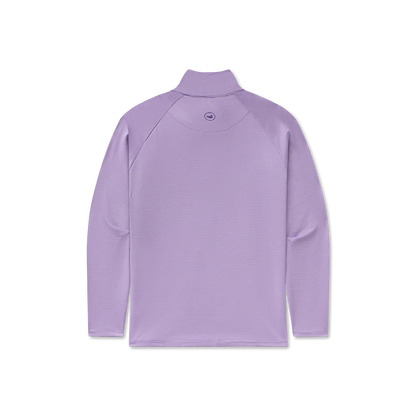 Light purple long sleeve pullover with high collar, shown from the back