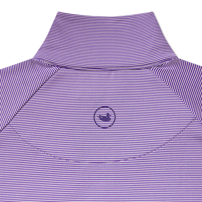 Purple and white striped quarter zip pullover back with duck logo detail