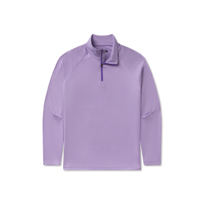 Light purple quarter-zip pullover with long sleeves and textured fabric on white background