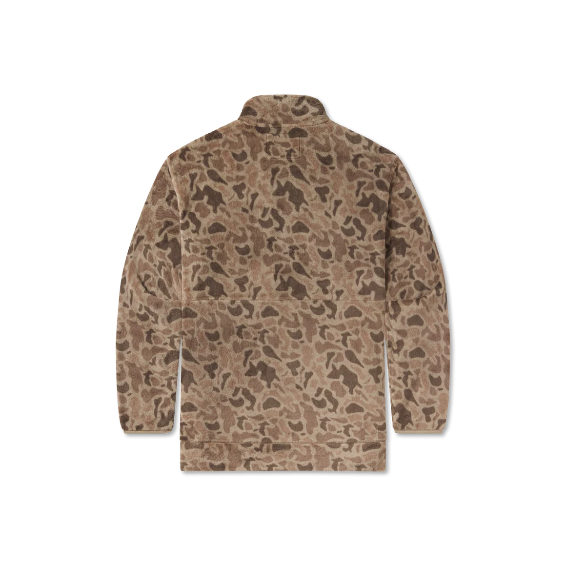 Brown camouflage fleece jacket with long sleeves and high collar, back view