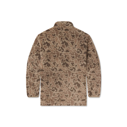 Brown camouflage fleece jacket with long sleeves and high collar, back view