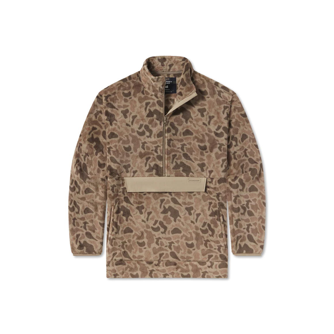 Brown camouflage pullover fleece jacket with half-zip and front pocket, outdoor apparel