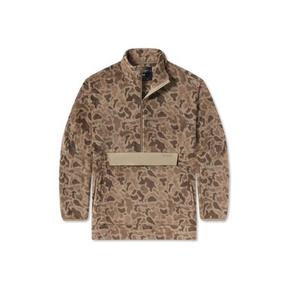 Brown camouflage pullover fleece jacket with half-zip and front pocket, outdoor apparel
