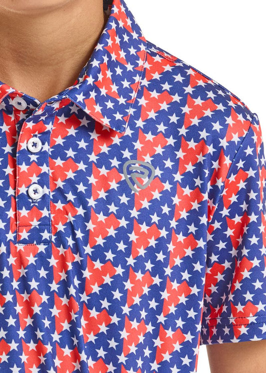 Close-up of a polo shirt with a red, white, and blue star pattern.