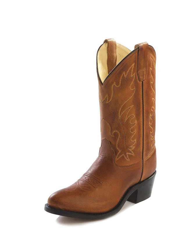 Brown leather kids cowboy boot with decorative stitching and black heel