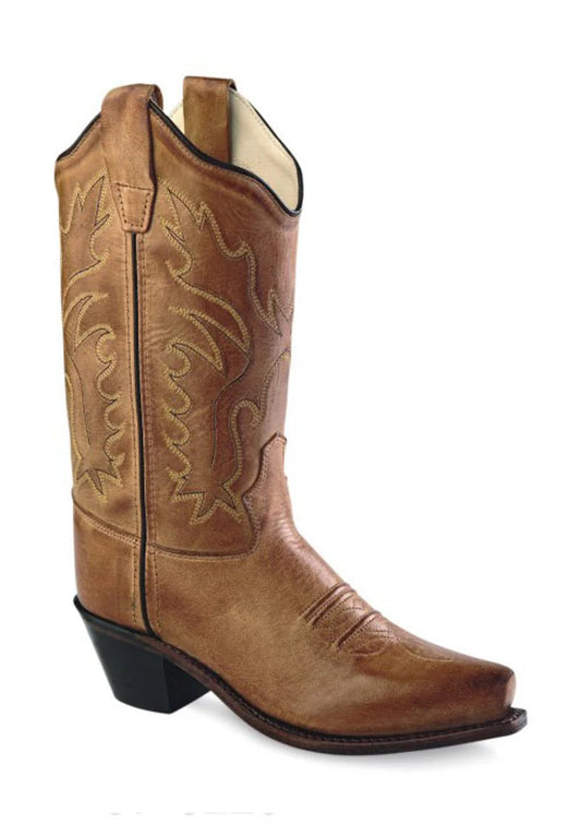 Brown cowboy boot with intricate designs on a white background