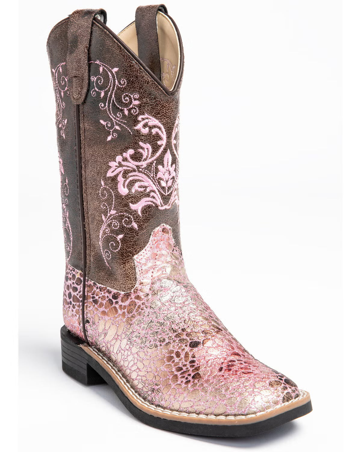 Brown and pink embroidered cowboy boot with metallic textured toe and floral patterns