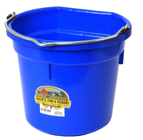 Blue bucket with a visible brand label on a white background
