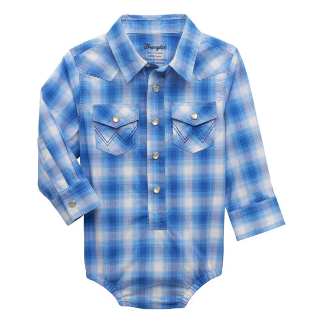 Wrangler Infant Blue Plaid Long Sleeve Onesie