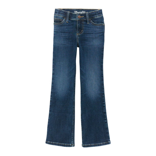 Classic blue bootcut jeans with front pockets and belt loops, isolated on white background