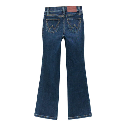 Rear view of blue denim bootcut jeans with contrast stitching and back pockets