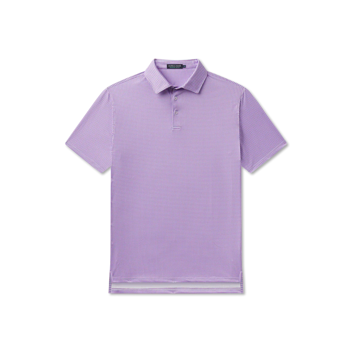 Purple checkered polo shirt on a white background