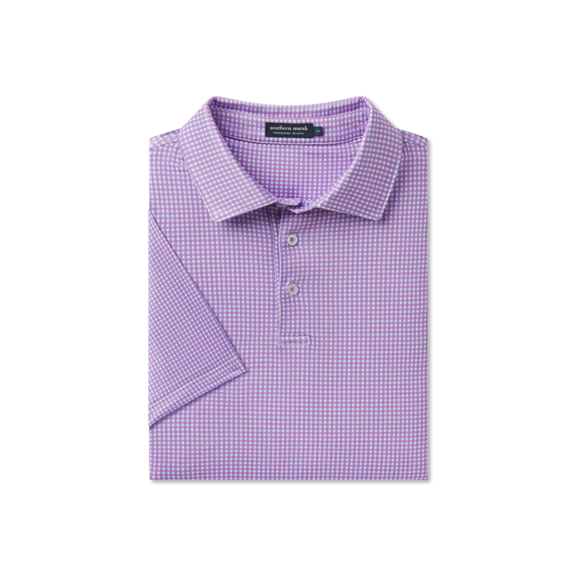 Folded purple checkered polo shirt on a white background