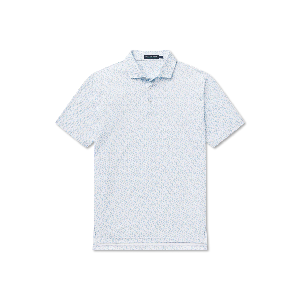 White polo shirt with subtle pattern on a white background