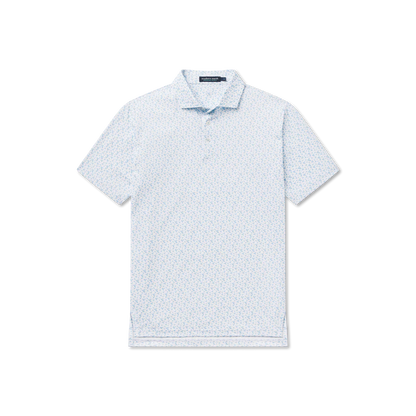 White polo shirt with subtle pattern on a white background