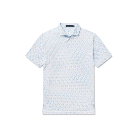 White polo shirt with subtle pattern on a white background