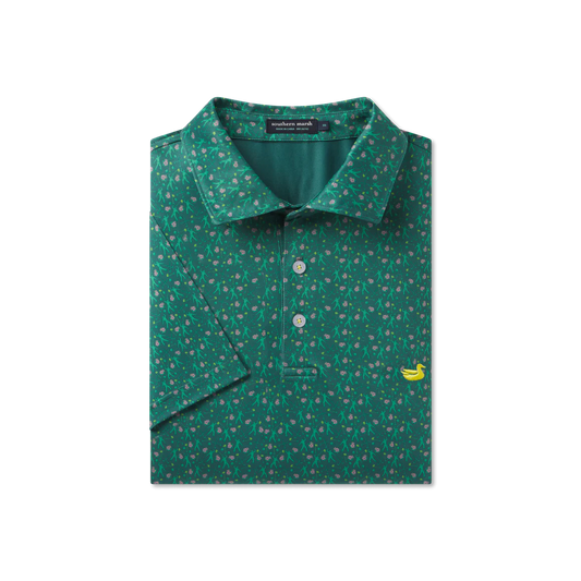 Green patterned polo shirt with a banana logo on a white background
